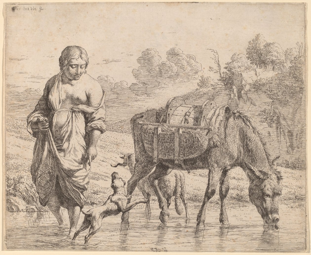 Mujer cruzando un arroyo de Karel Dujardin