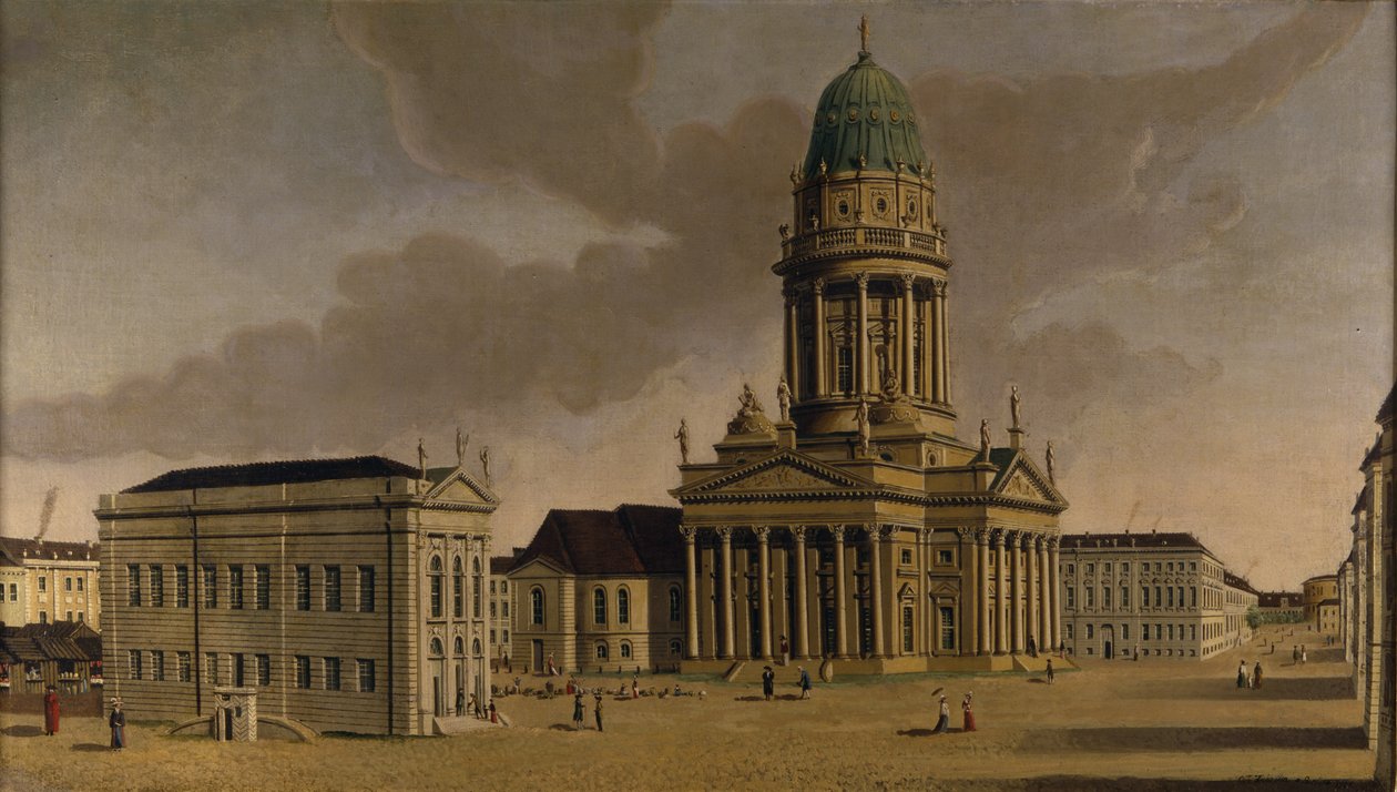 El Gendarmenmarkt con el Teatro Francés y la Catedral, Berlín, 1788 de Karl Friedrich Fechhelm