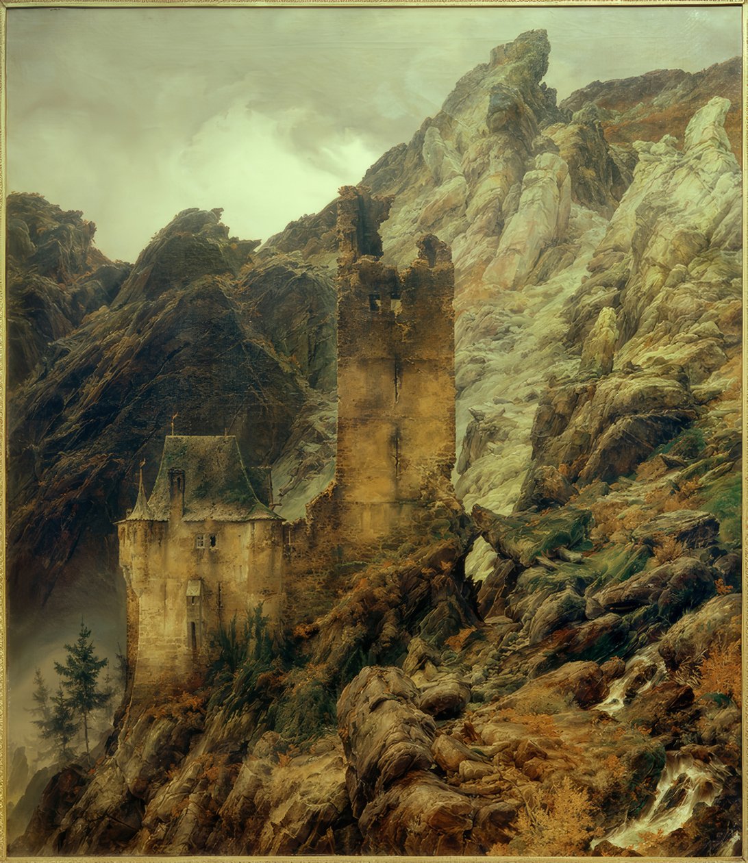 C.F.Lessing, Paisaje rocoso: Desfiladero con ruinas de Carl Friedrich Lessing