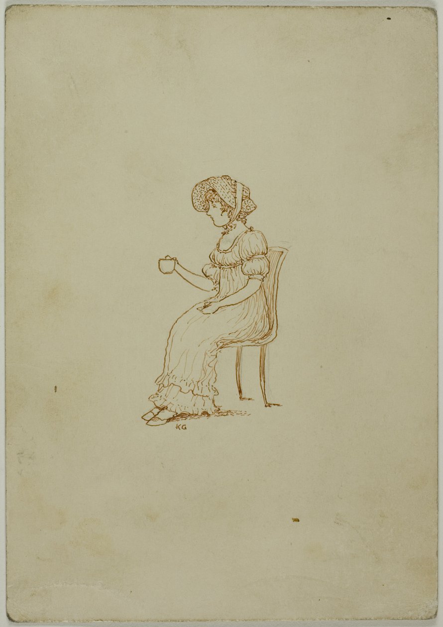 Niña sentada sosteniendo una taza de té de Kate Greenaway