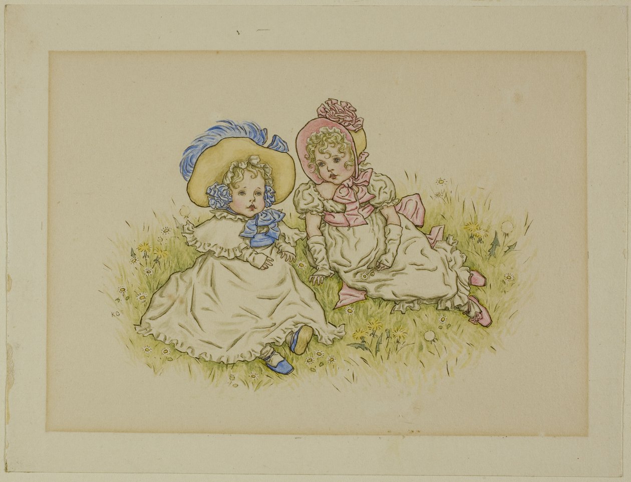 Dos niñas pequeñas con sombreros de Kate Greenaway