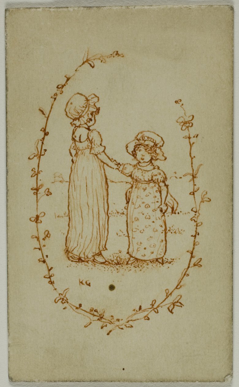 Viñeta de dos chicas (recto); Atenea (verso) de Kate Greenaway