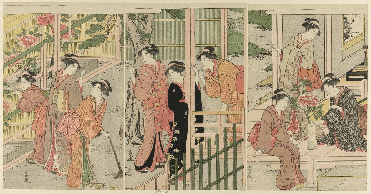 Mujeres admirando peonías de Katsukawa Shuncho