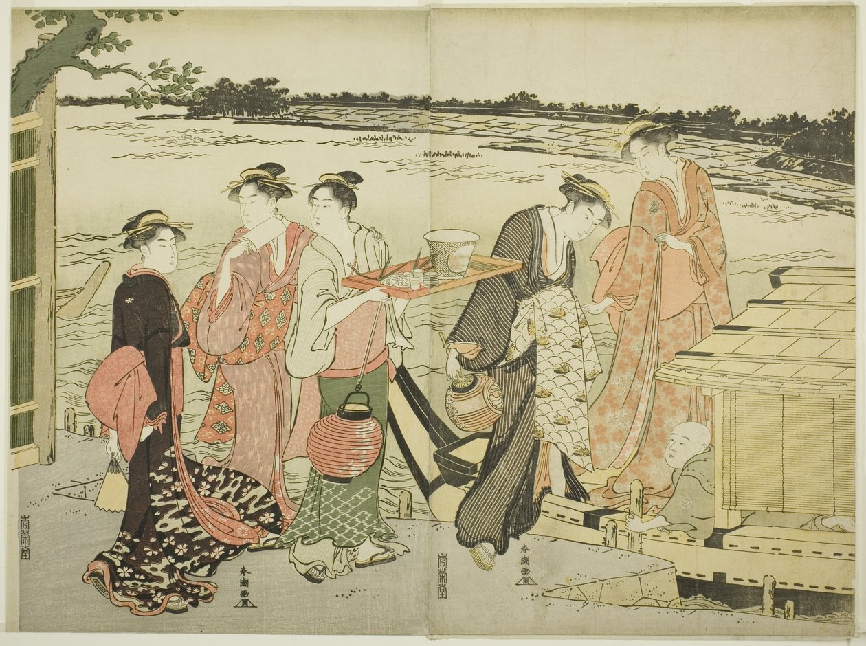 Mujeres abordando un barco de recreo de Katsukawa Shuncho