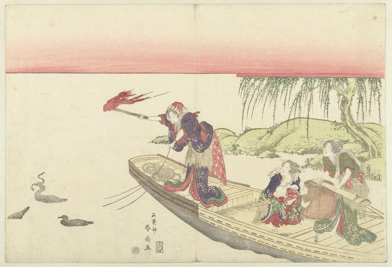 Pesca con cormoranes de noche de Katsukawa Shunsen
