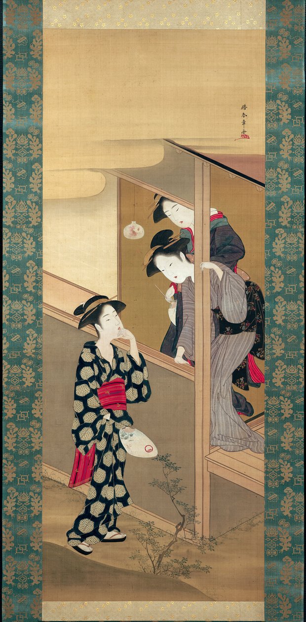 Tres bellezas charlando en una veranda de Katsukawa Shunsho