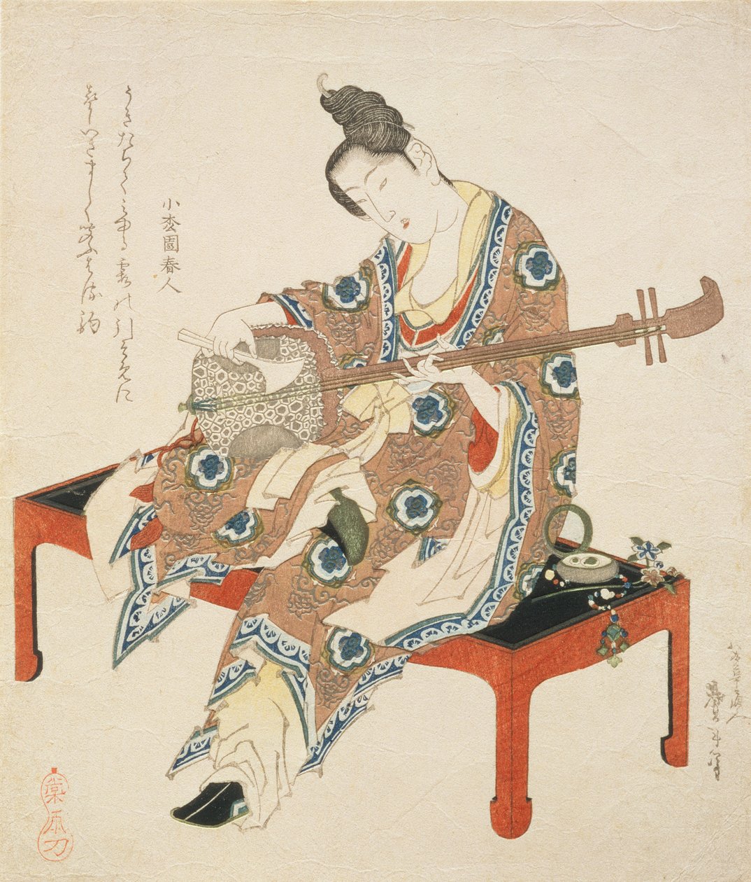 Belleza china tocando el shamisen, c.1833-34 (grabado en madera) de Katsushika II Taito