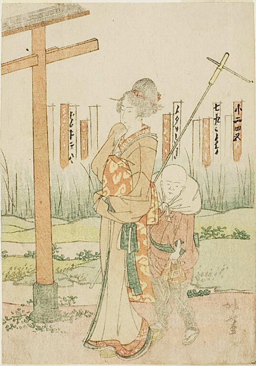 Una mujer y un niño en el santuario de Katsushika Hokusai