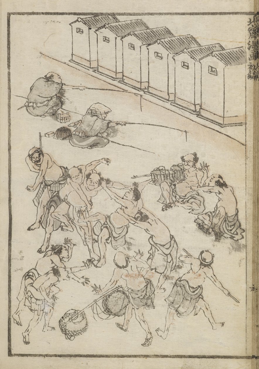 Hombres luchando y pescando (xilografía) de Katsushika Hokusai