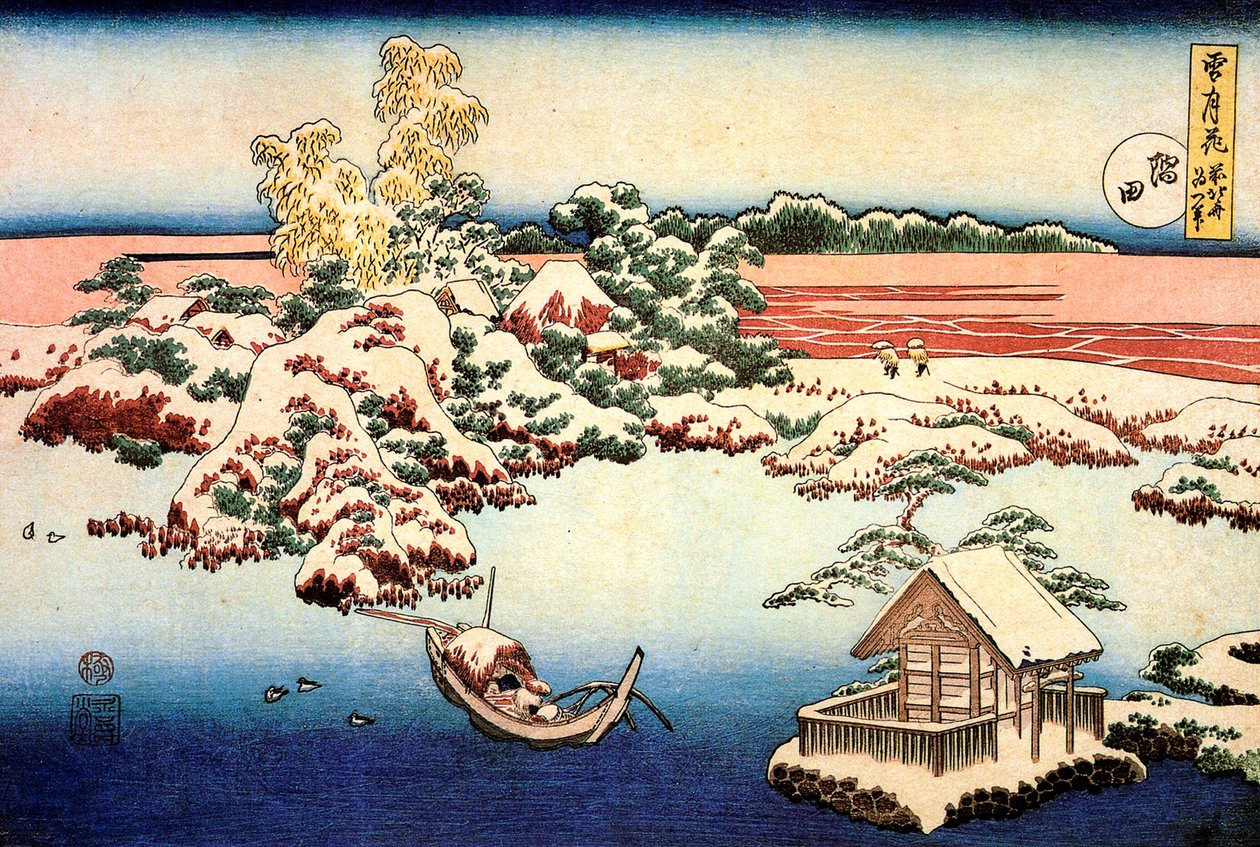 Paisaje nevado junto al río Sumida, c1832 de Katsushika Hokusai