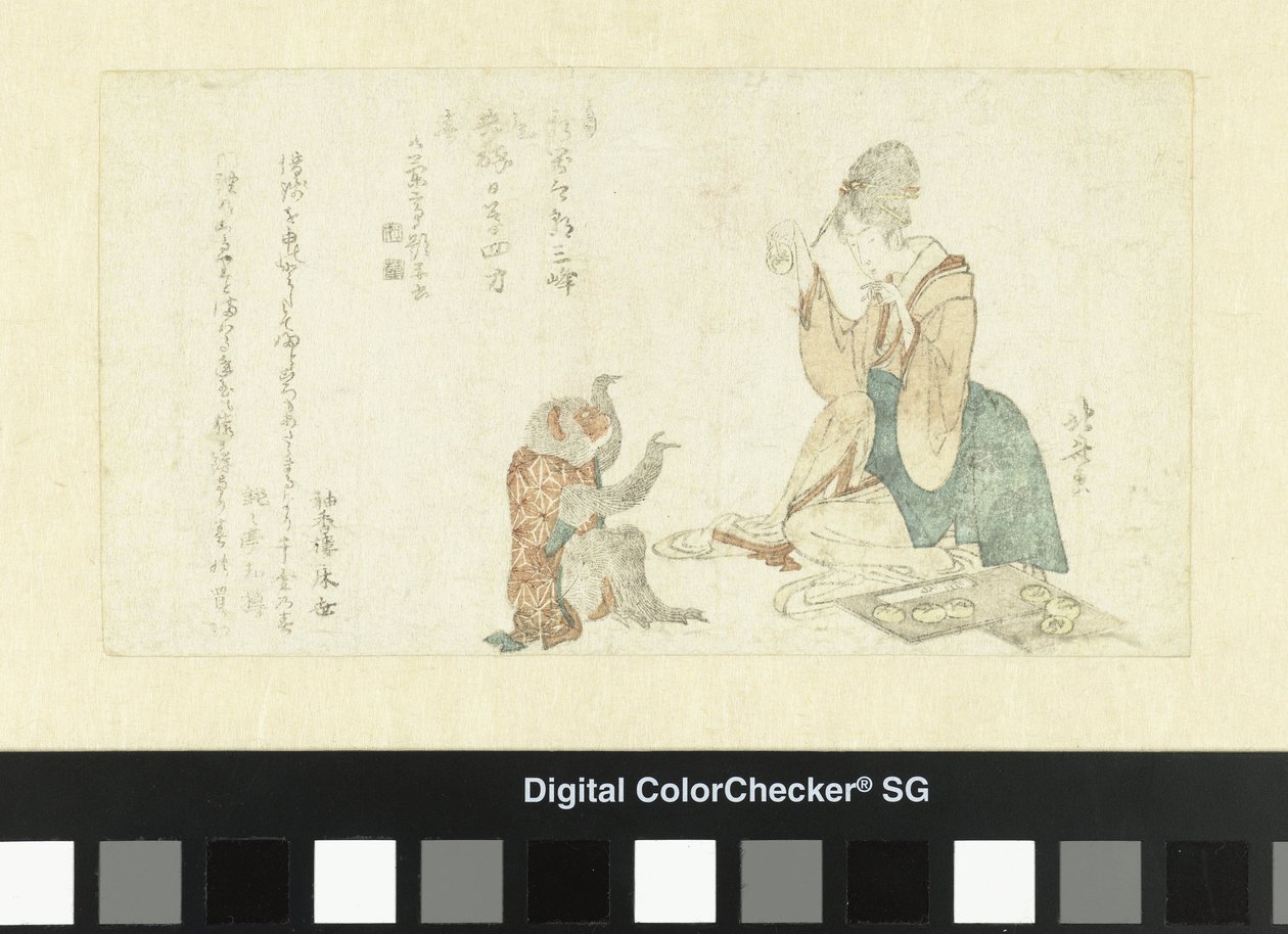 Mujer jugando con mono de Katsushika Hokusai
