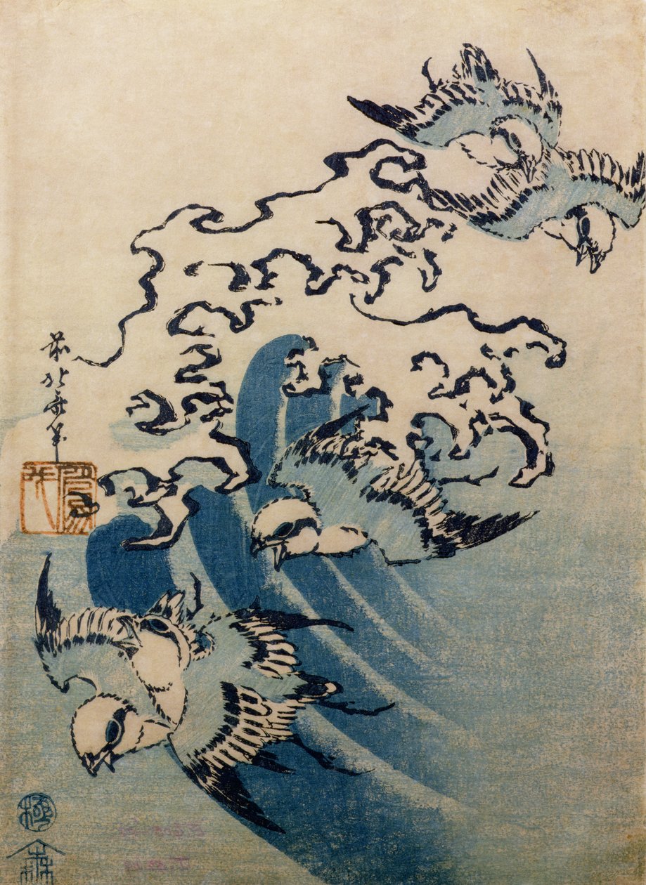 Olas y pájaros, c.1825 de Katsushika Hokusai