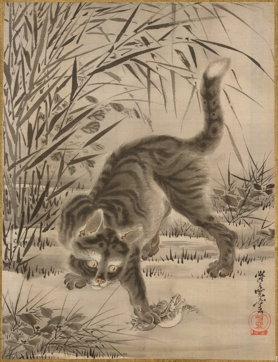 Gato cazando una rana, ca. 1887 de Kawanabe Kyosai