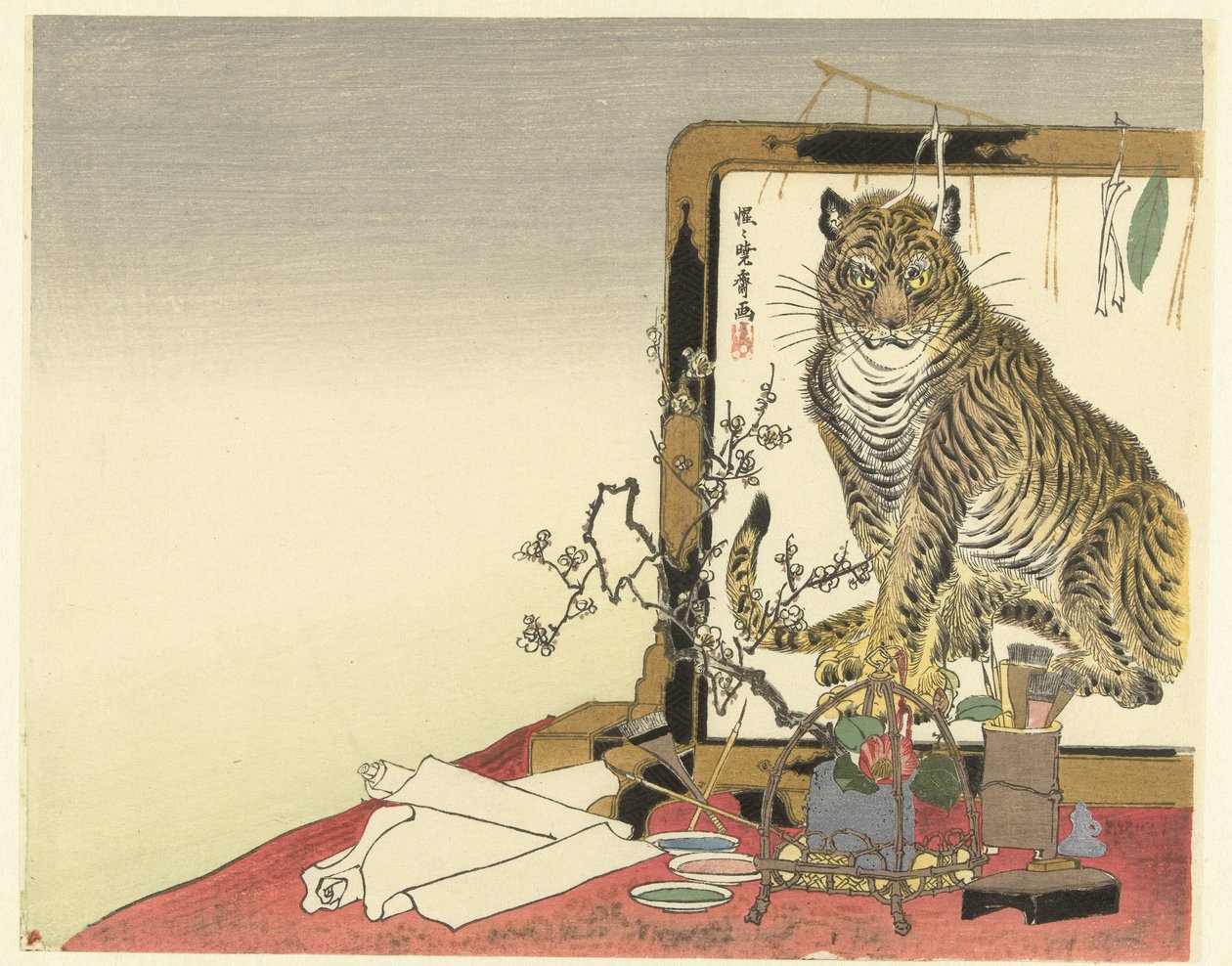 Bodegón con utensilios de pintura y biombo de Kawanabe Kyosai