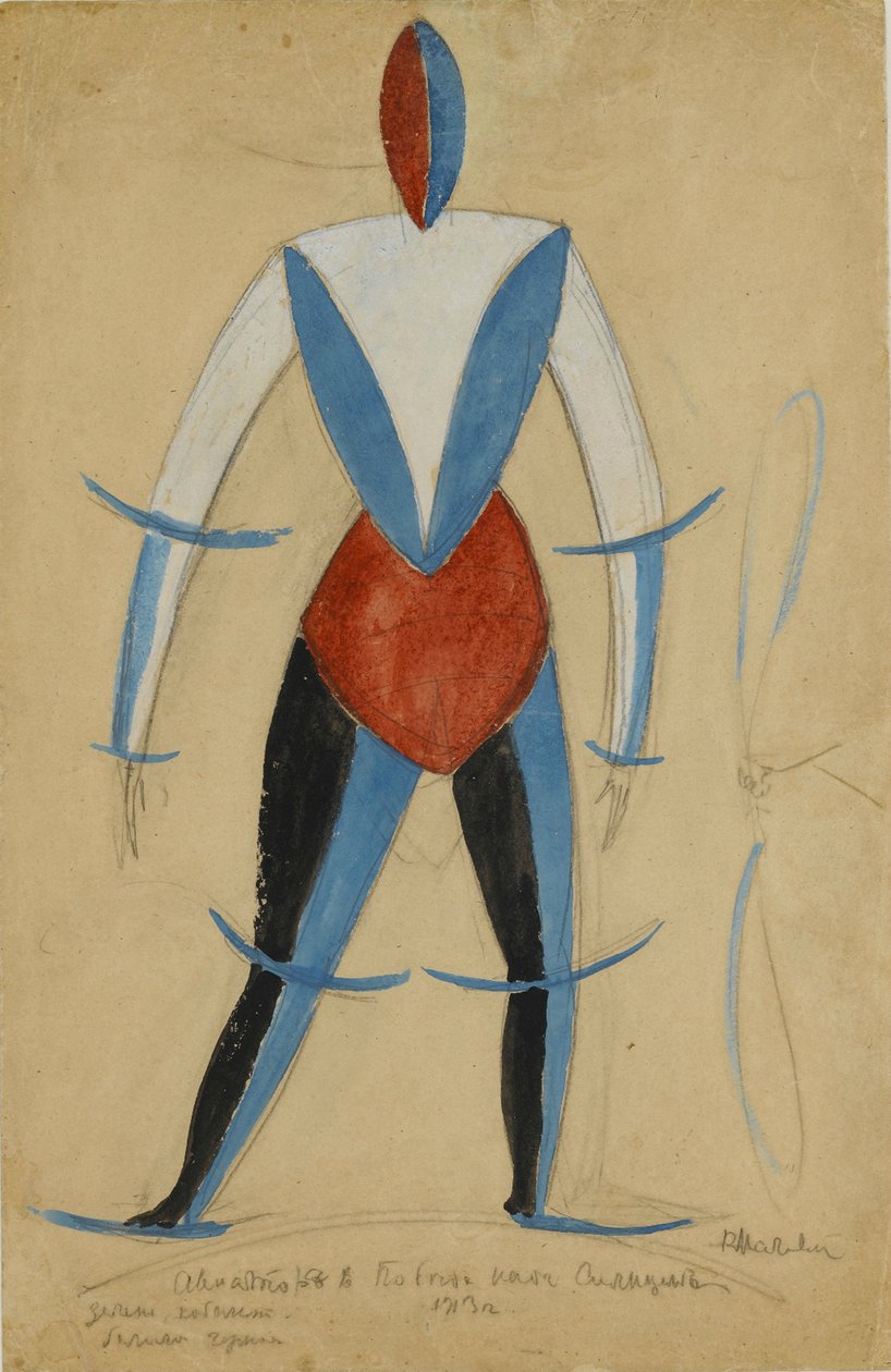 Aviador, Diseño de vestuario para la ópera Victoria sobre el Sol por Aleksei Kruchenykh, 1913 de Kazimir Severinovich Malevich