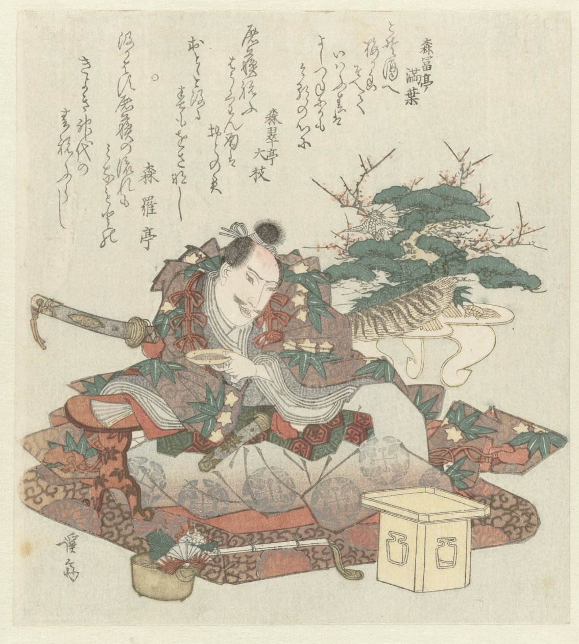 Samurai con tazón de sake en la mano de Keisai Eisen