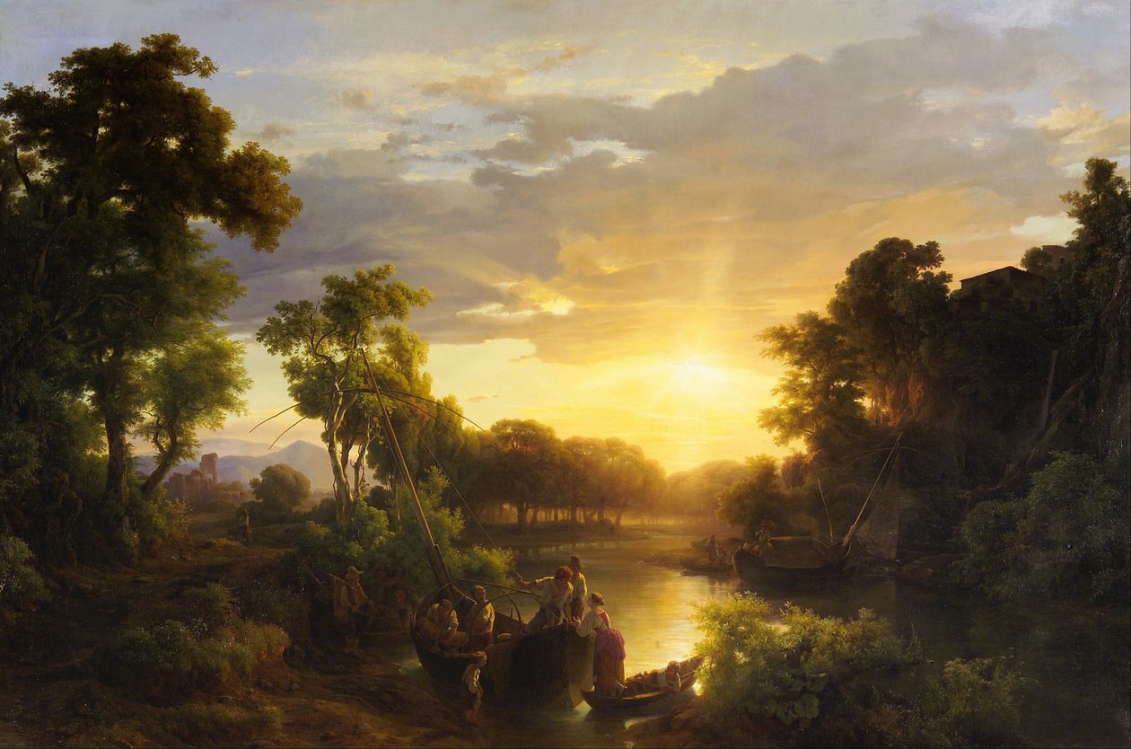 Paisajes italianos al atardecer, pescadores de Károly Markó