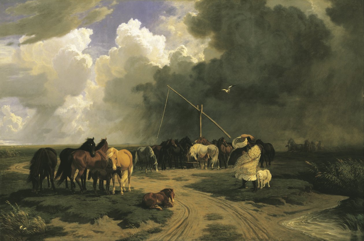 Caballos bajo la lluvia de Károly Lotz