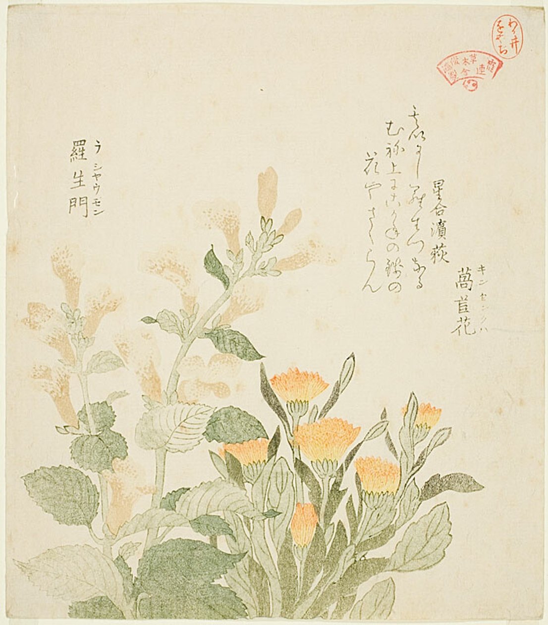 La caléndula común y las flores de Rajoman de Kubo Shunman
