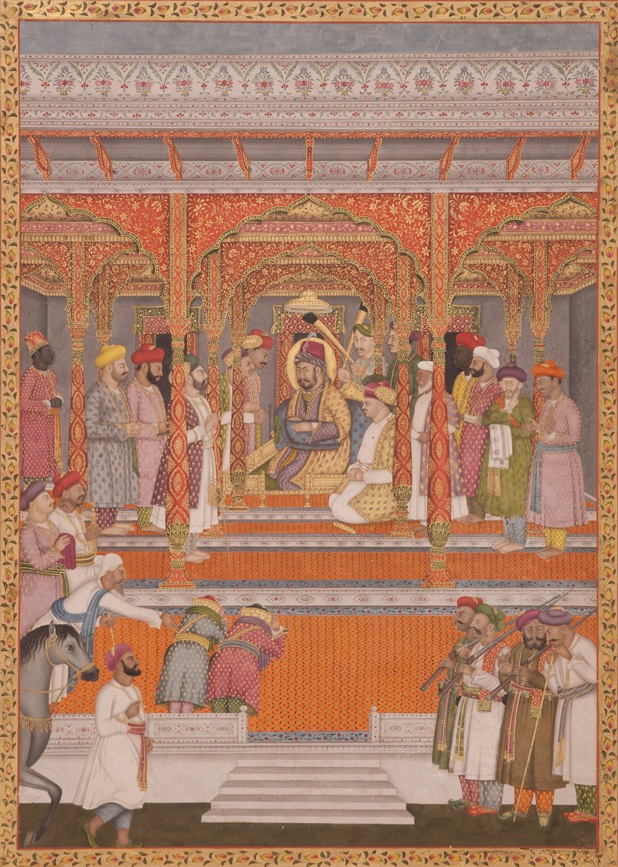 Mirza Md Muazzam Shah Khurram Bakht Bahadur recibiendo a Saadat Ali, Nawab de Aw, 1803 de Lalji Mal