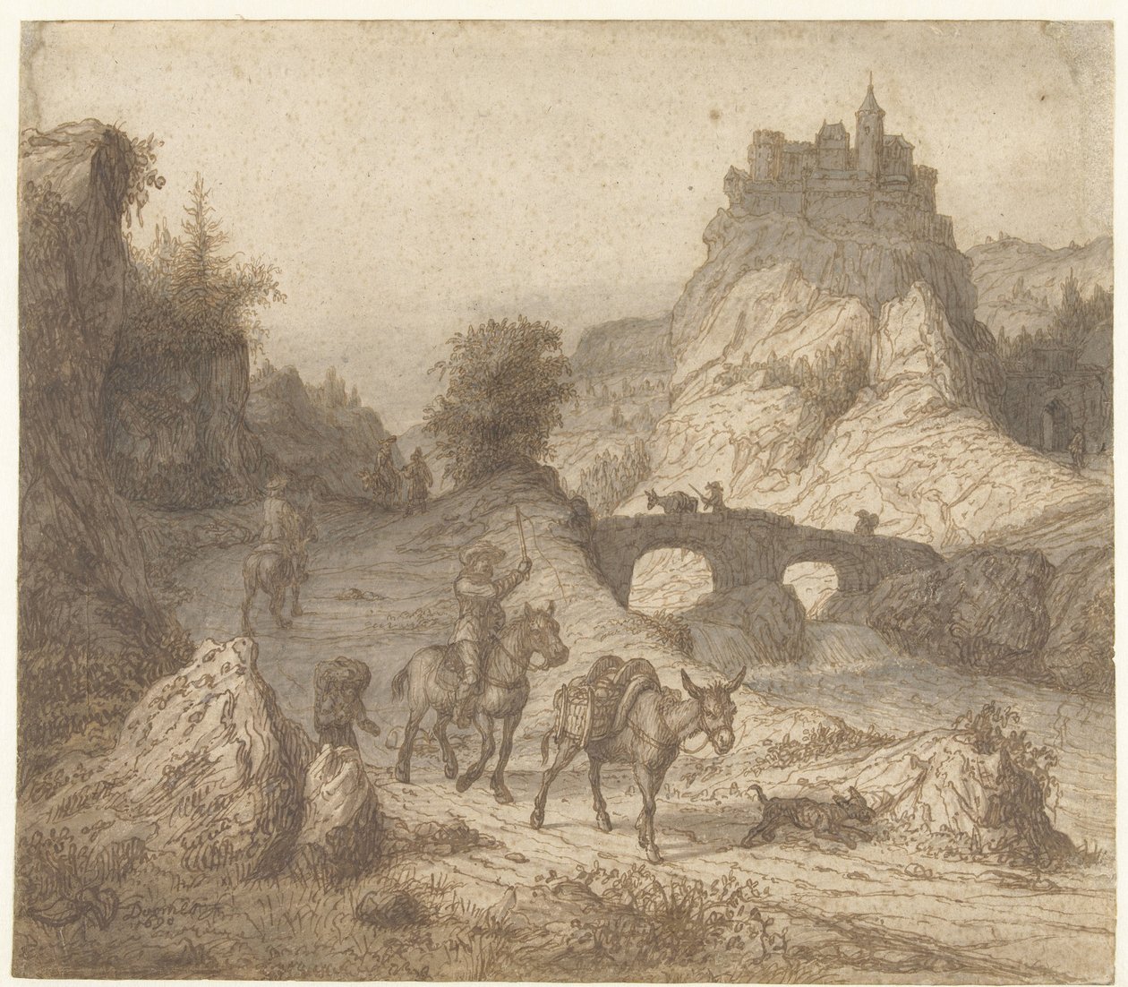 Paisaje de montaña con castillo y figuras de Lambert Doomer