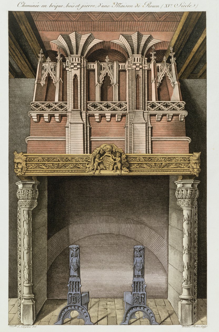 Chimenea de una casa del siglo XV en Rouen, de Monuments Francais, litografía de Amedee Peree, 1839 de Langlois E.