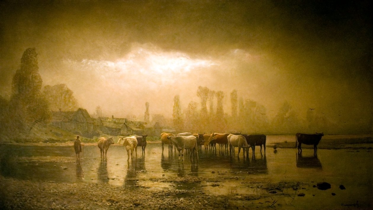 Paisaje rural en Munkacs con abrevadero de Laszlo Mednyanszky