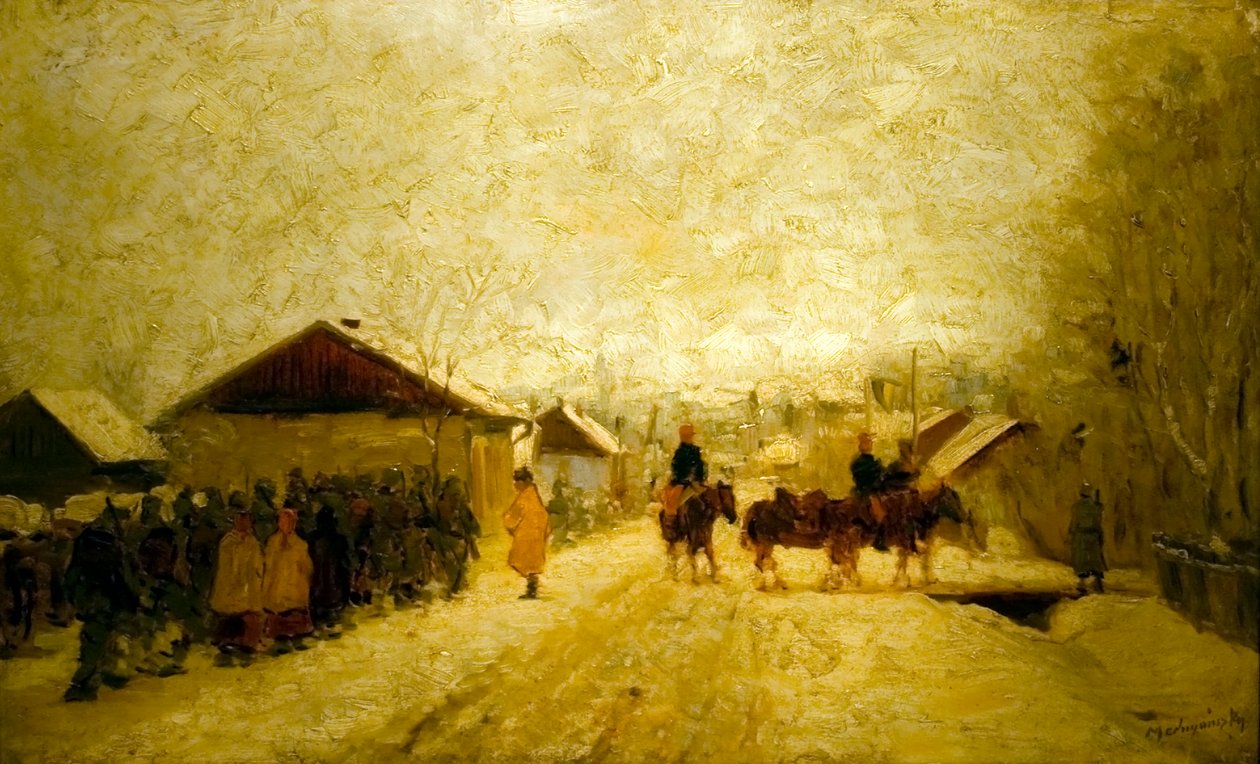 Soldados marchando en paisaje invernal de Laszlo Mednyanszky