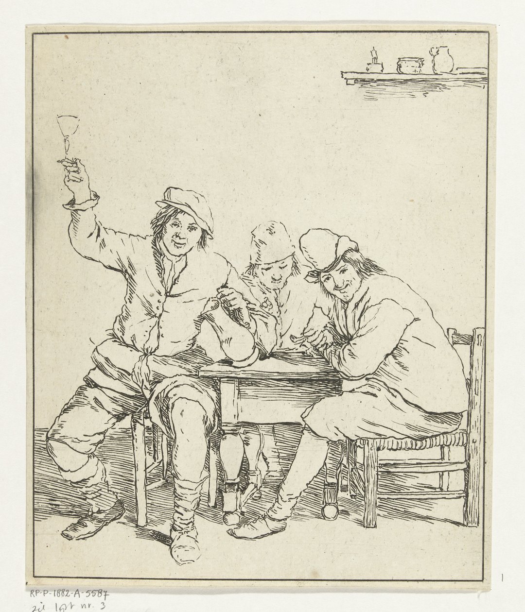 Tres hombres fumando y bebiendo en la mesa. de Leendert Brasser
