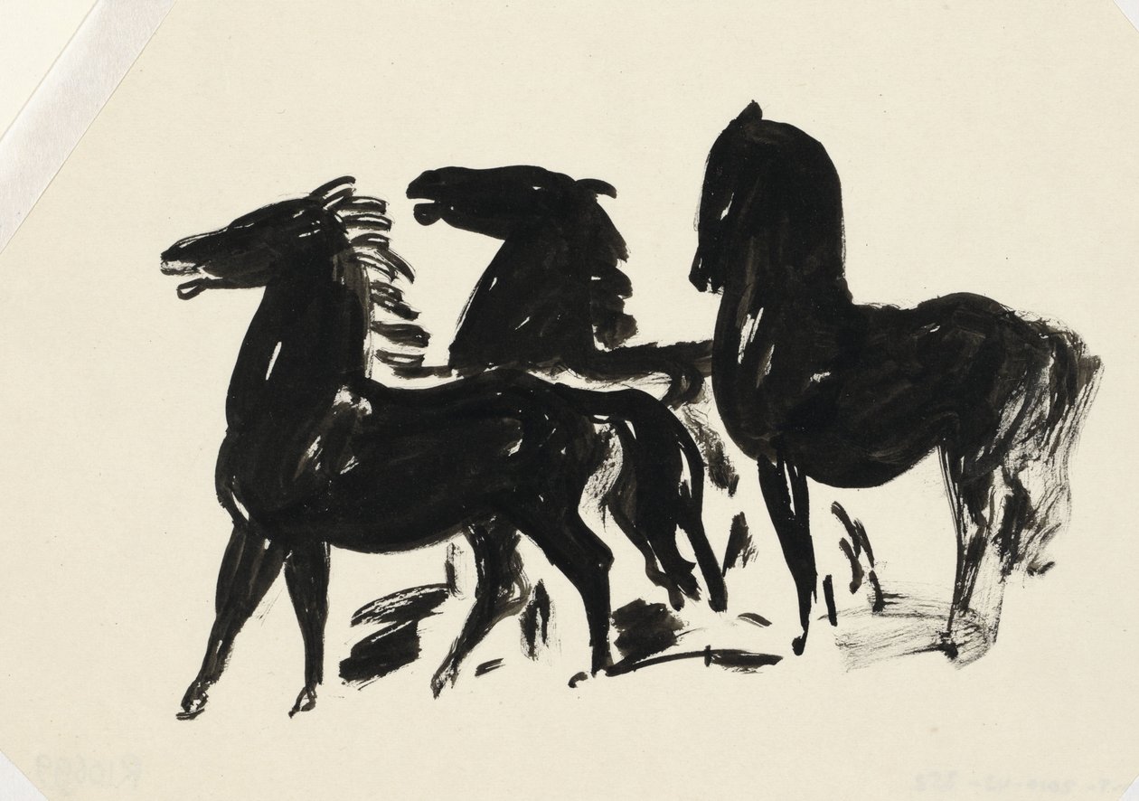 Tres caballos negros de pie mirando a la izquierda de Leo Gestel