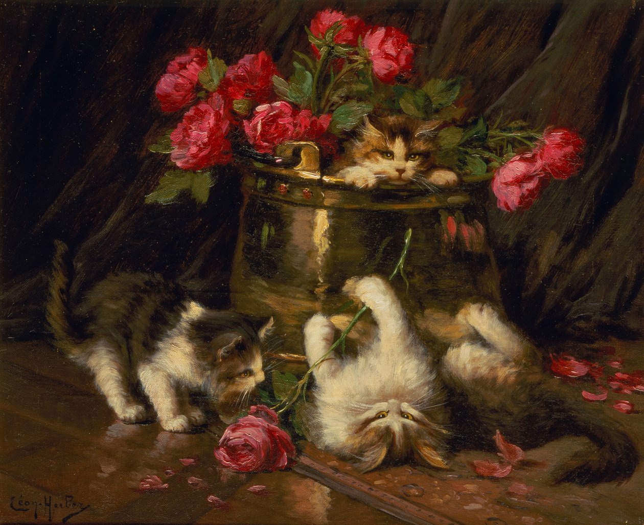 Gatitos juguetones (óleo sobre lienzo) de Leon Charles Huber