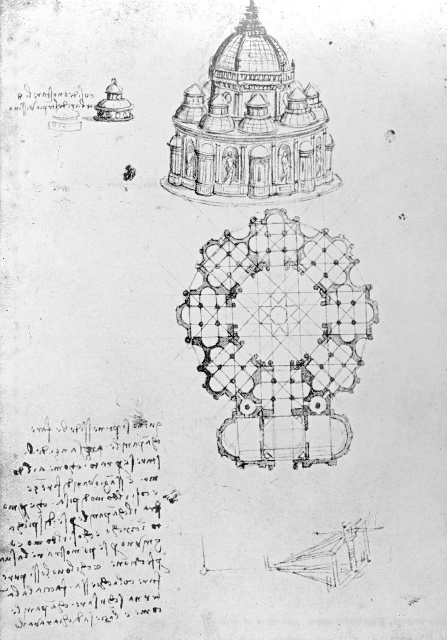 Iglesia centralizada y ingeniería marítima, Fol. 5v del Codex Ashburnham (anteriormente parte del Manuscrito B (2184), c.1488 de Leonardo da Vinci