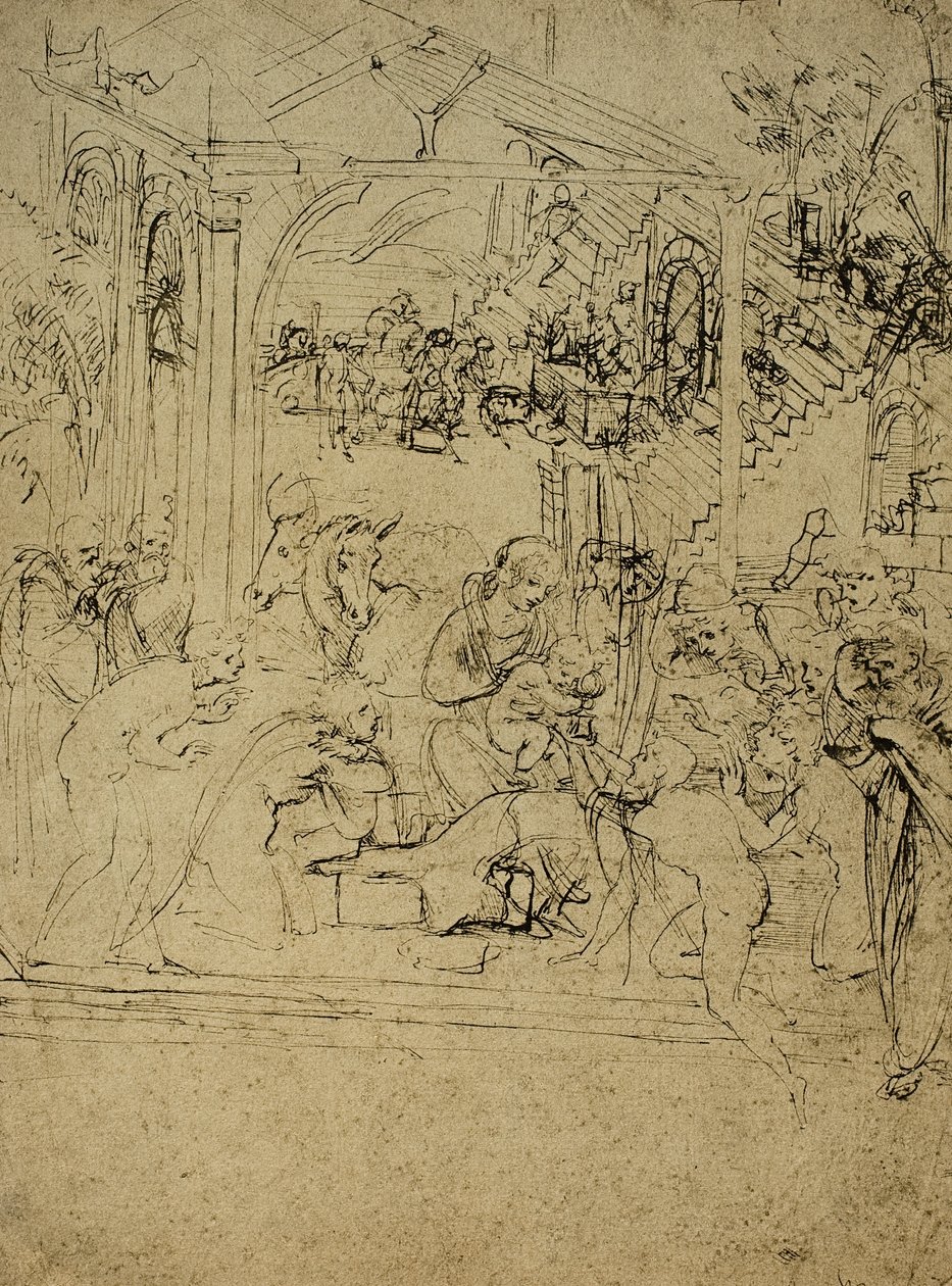 Estudio para la Adoración de los Magos; dibujo de Leonardo da Vinci. El Louvre, París de Leonardo da Vinci