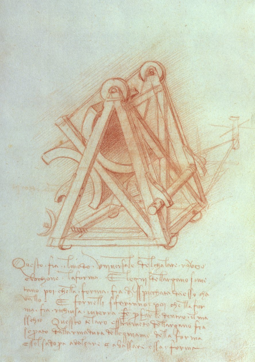 Estudio del Marco de Madera con Molde de Fundición para el Caballo de Sforza, fol. 154v del Códice Madrid II, c.1491-93 de Leonardo da Vinci