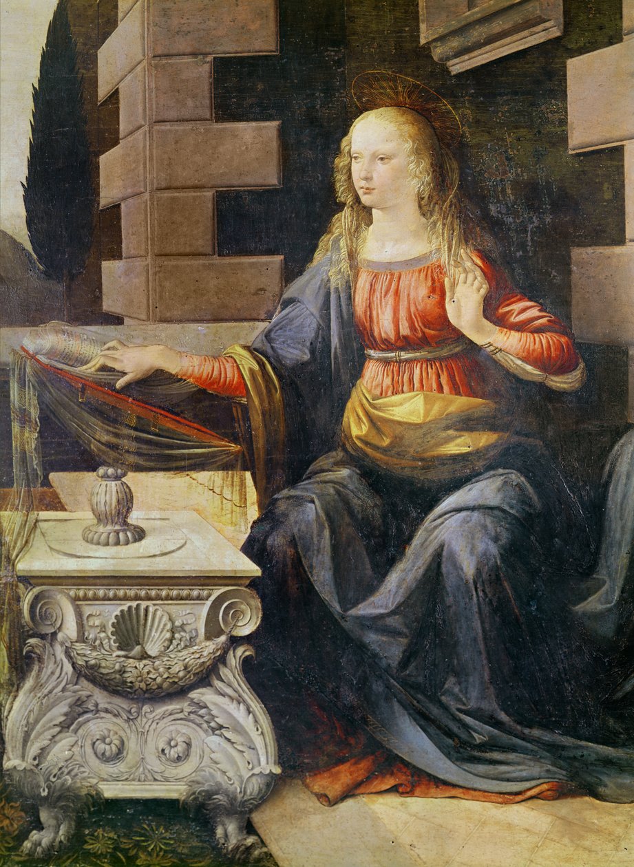La Anunciación (detalle de la Virgen) de Leonardo da Vinci