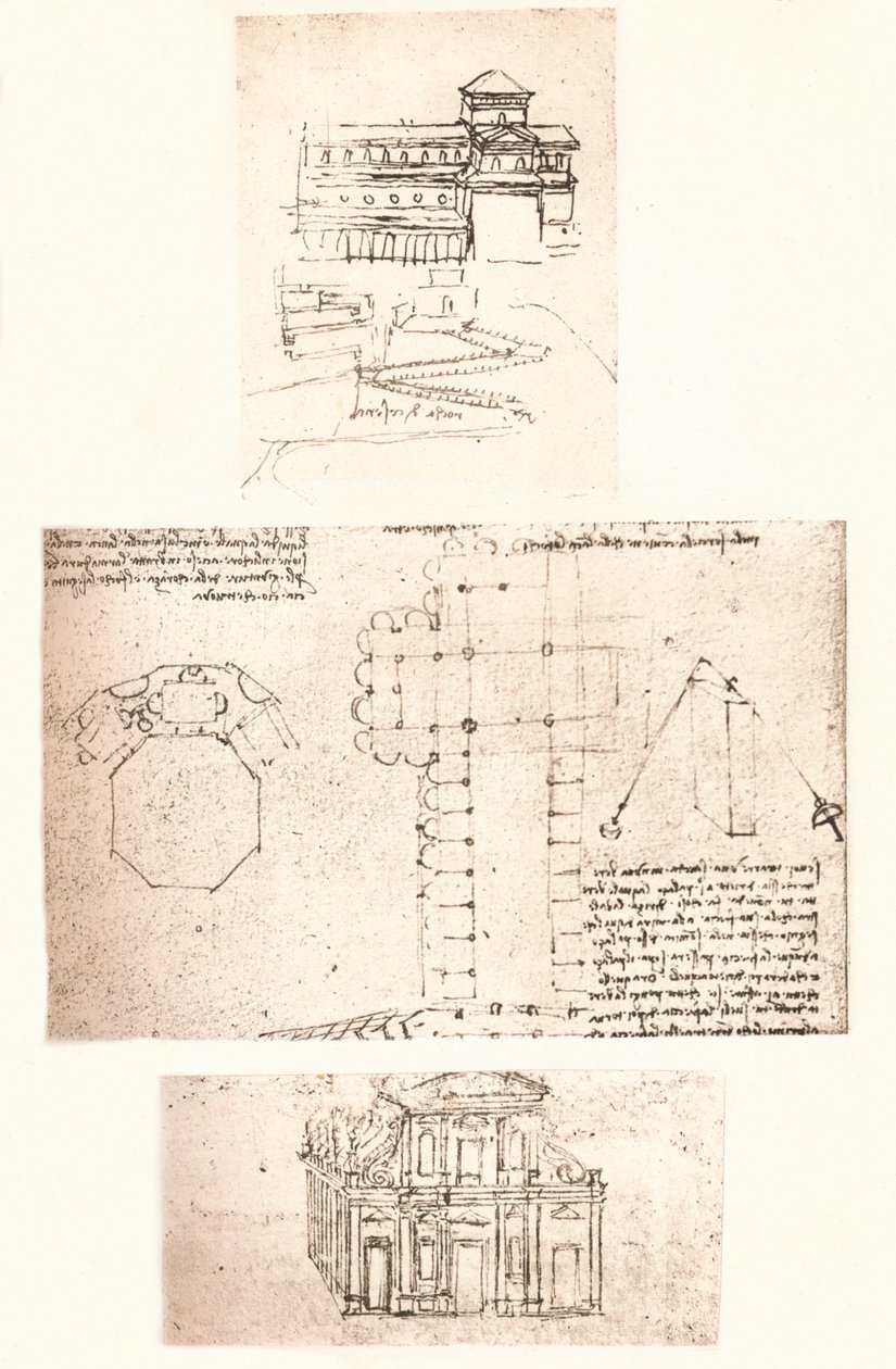 Tres dibujos de iglesias de Leonardo da Vinci