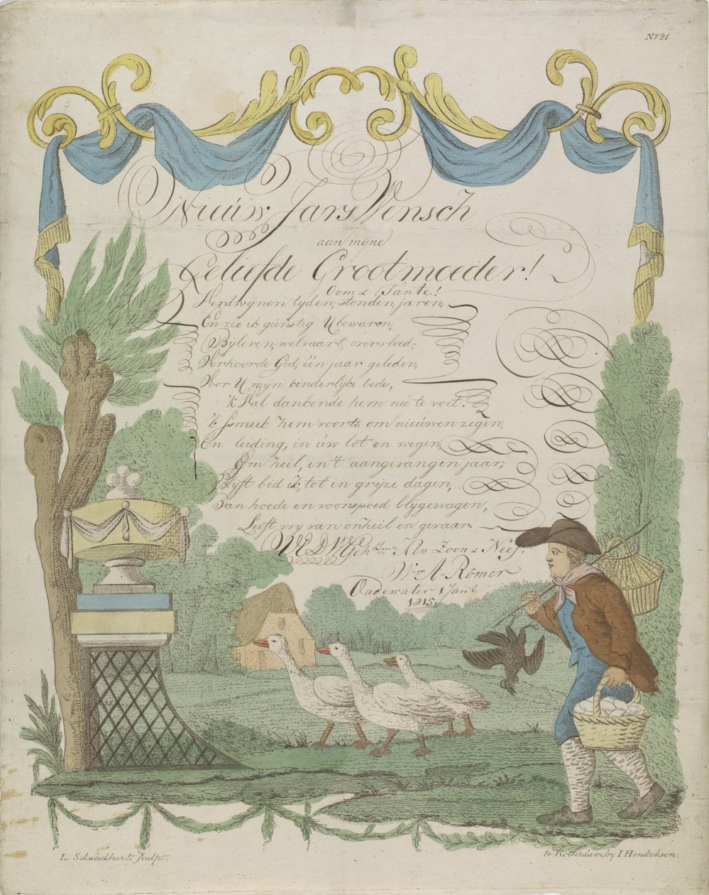 Carta de deseos con un granjero y sus gansos. de Leonardus Schweickhardt