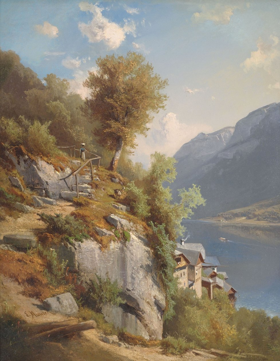 Paisaje veraniego con vista al lago Hallstätter de Leopold Munsch
