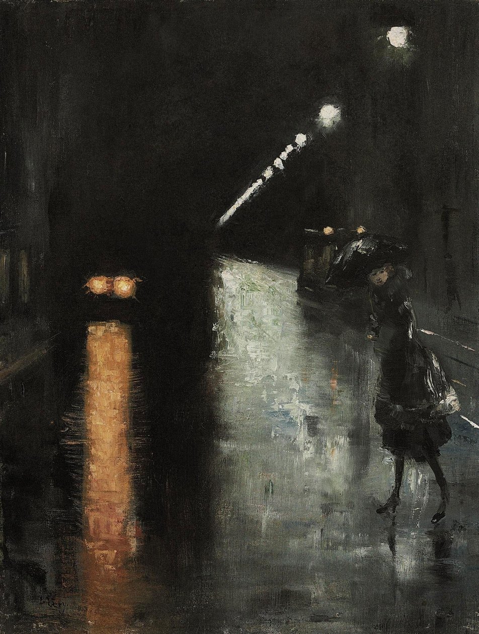 Escena nocturna en la calle, Berlín Leipziger Straße de Lesser Ury