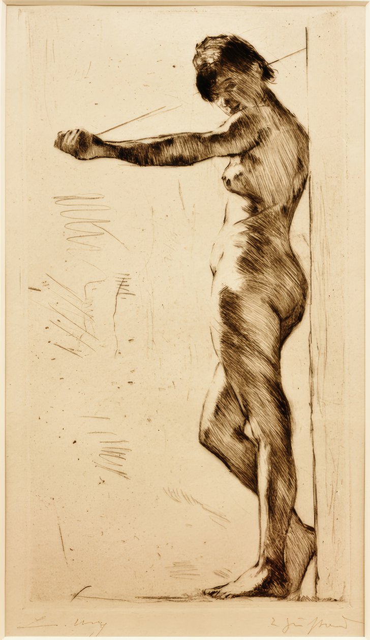 Desnudo femenino de pie apoyado en la pared de Lesser Ury