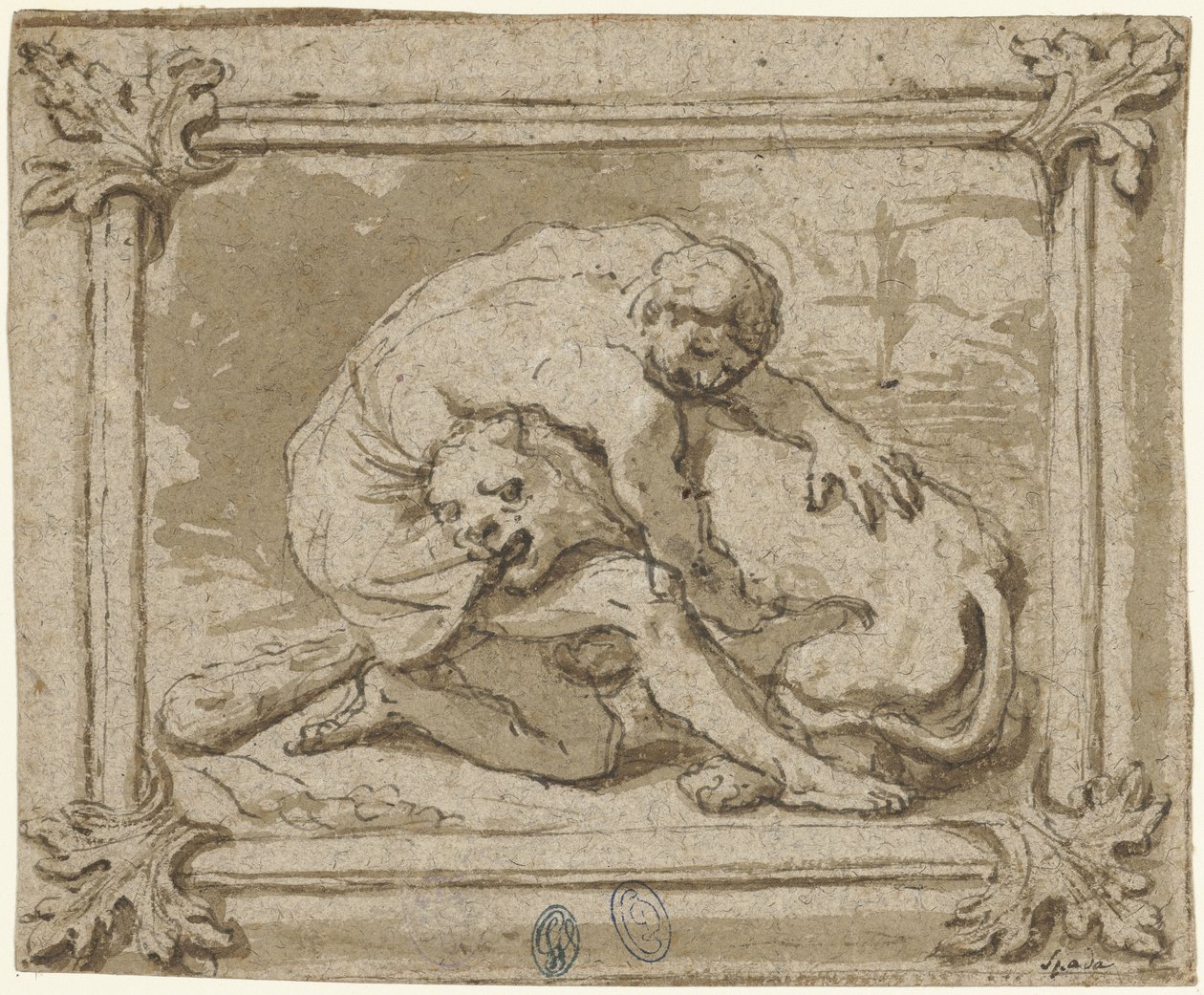 Hércules en batalla con el león Némico de Lionello Spada