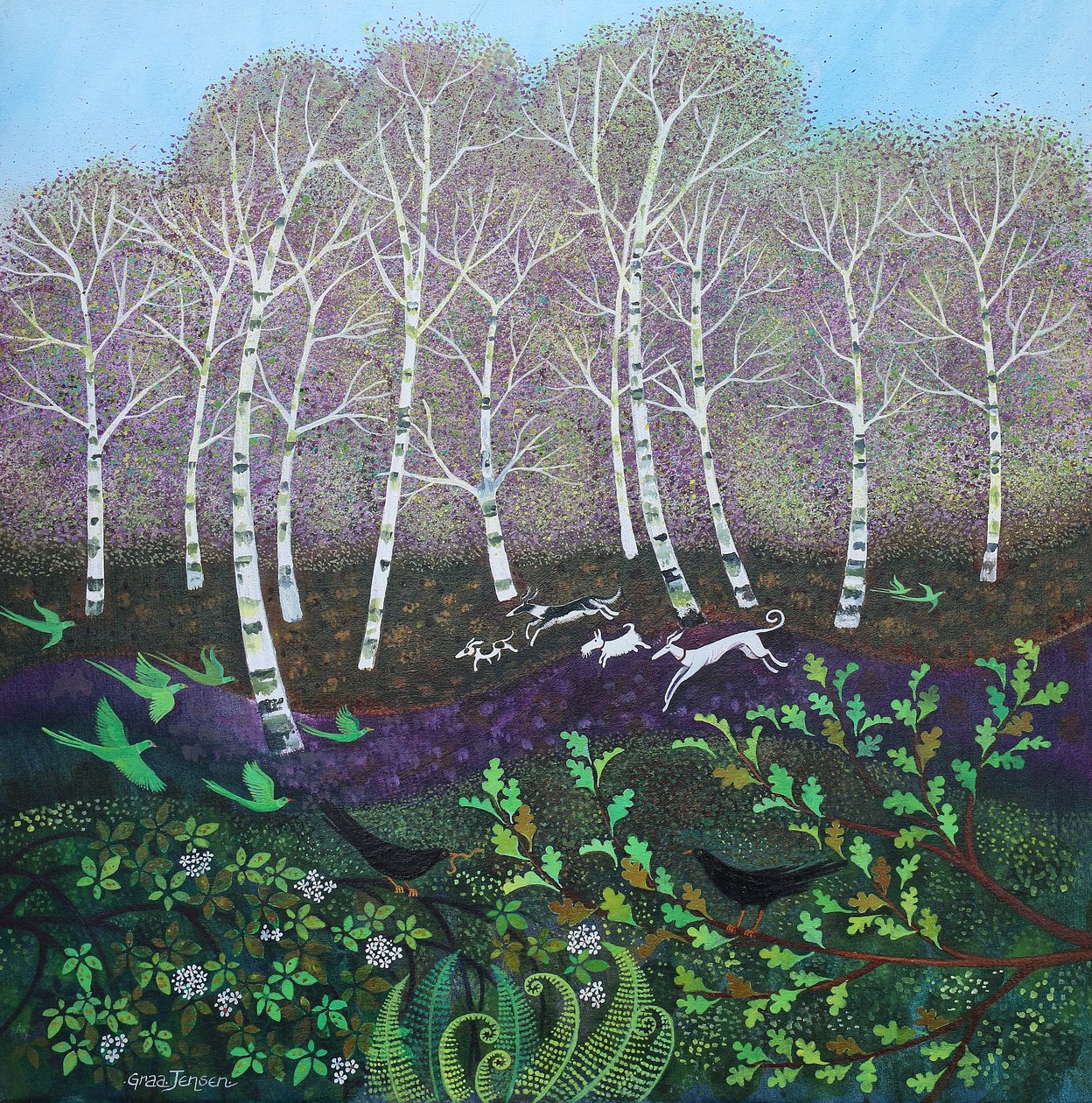 Green Parrots, 2024 (acrílicos sobre lienzo) de Lisa Graa Jensen