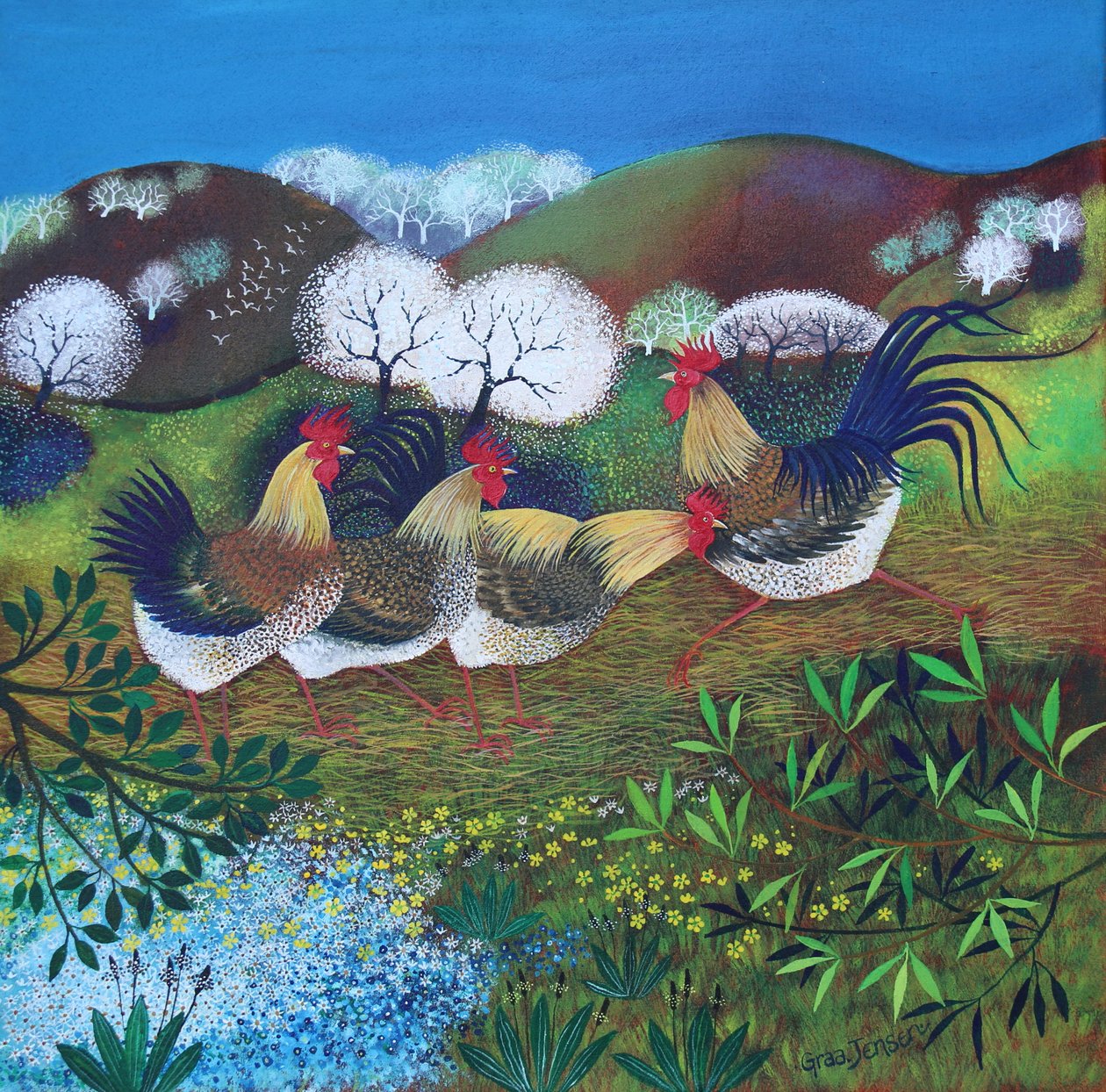 Rollicking Roosters, 2024 (acrílicos sobre lino) de Lisa Graa Jensen