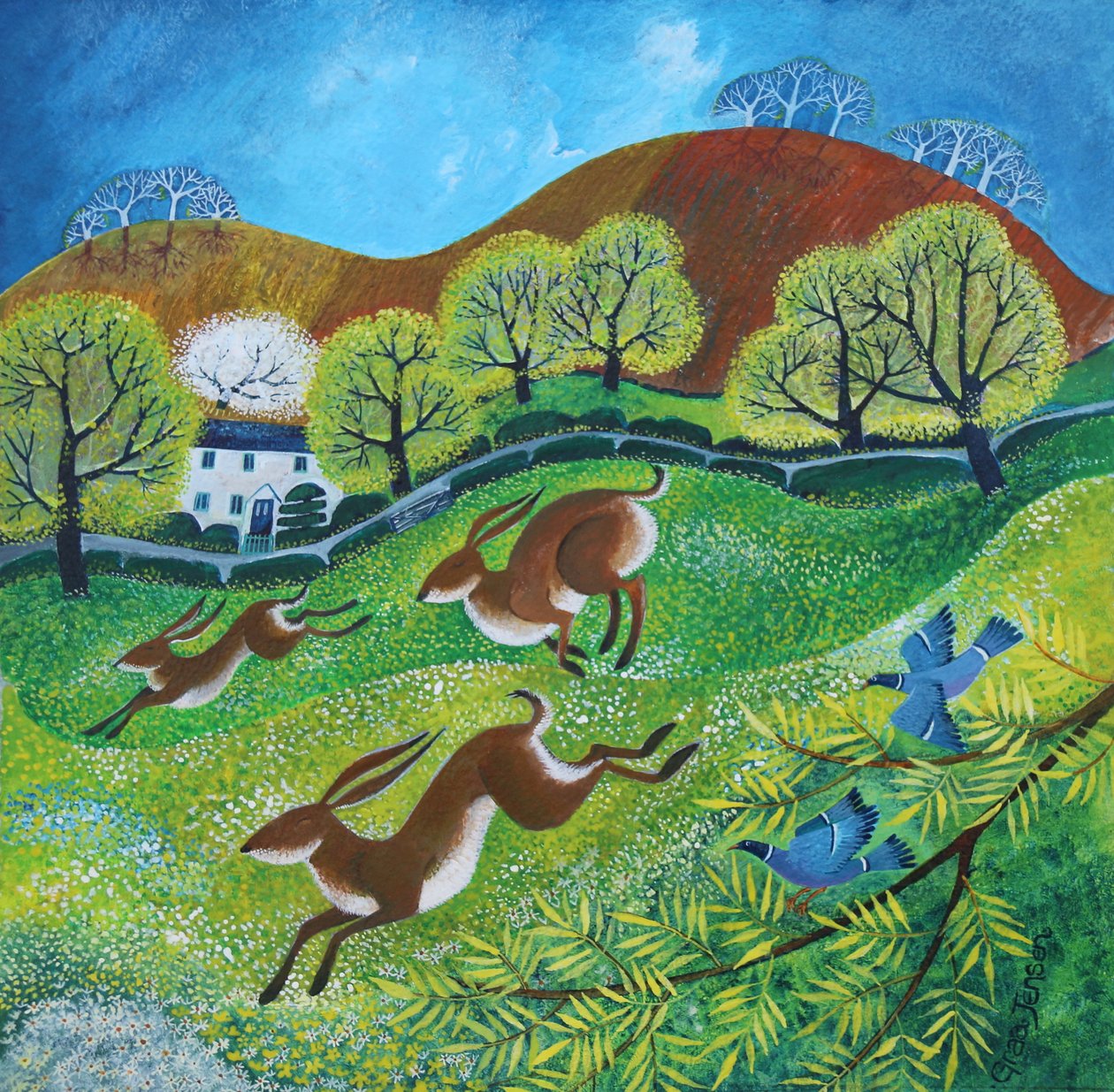 Liebres de primavera, 2025 (acrílicos sobre lino) de Lisa Graa Jensen