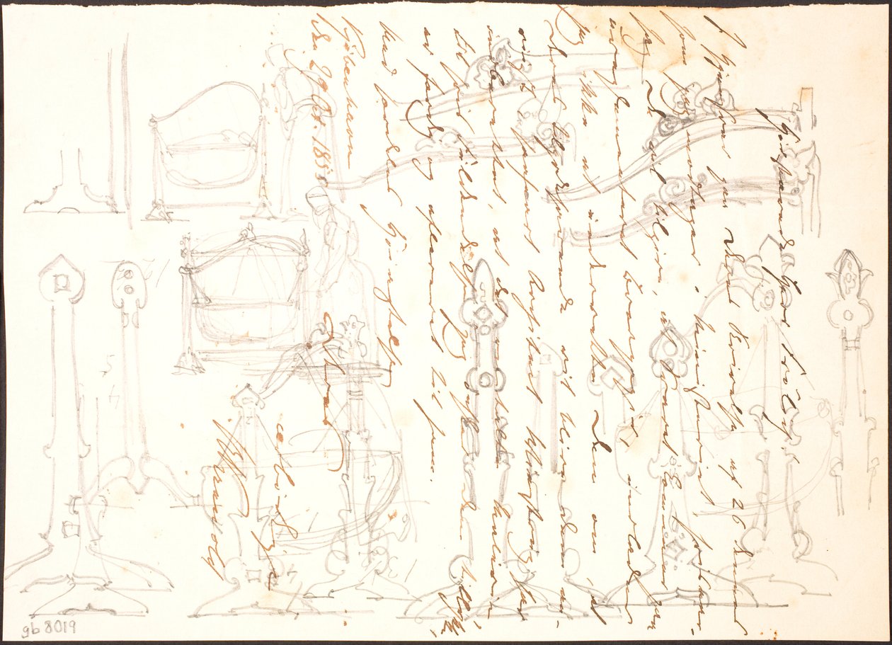Bocetos de muebles dibujados sobre una carta de Lorenz Frølich