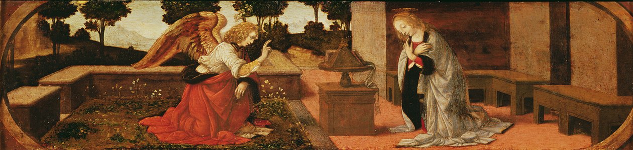 La Anunciación, panel predela de un retablo, 1478-85 de Lorenzo di Credi