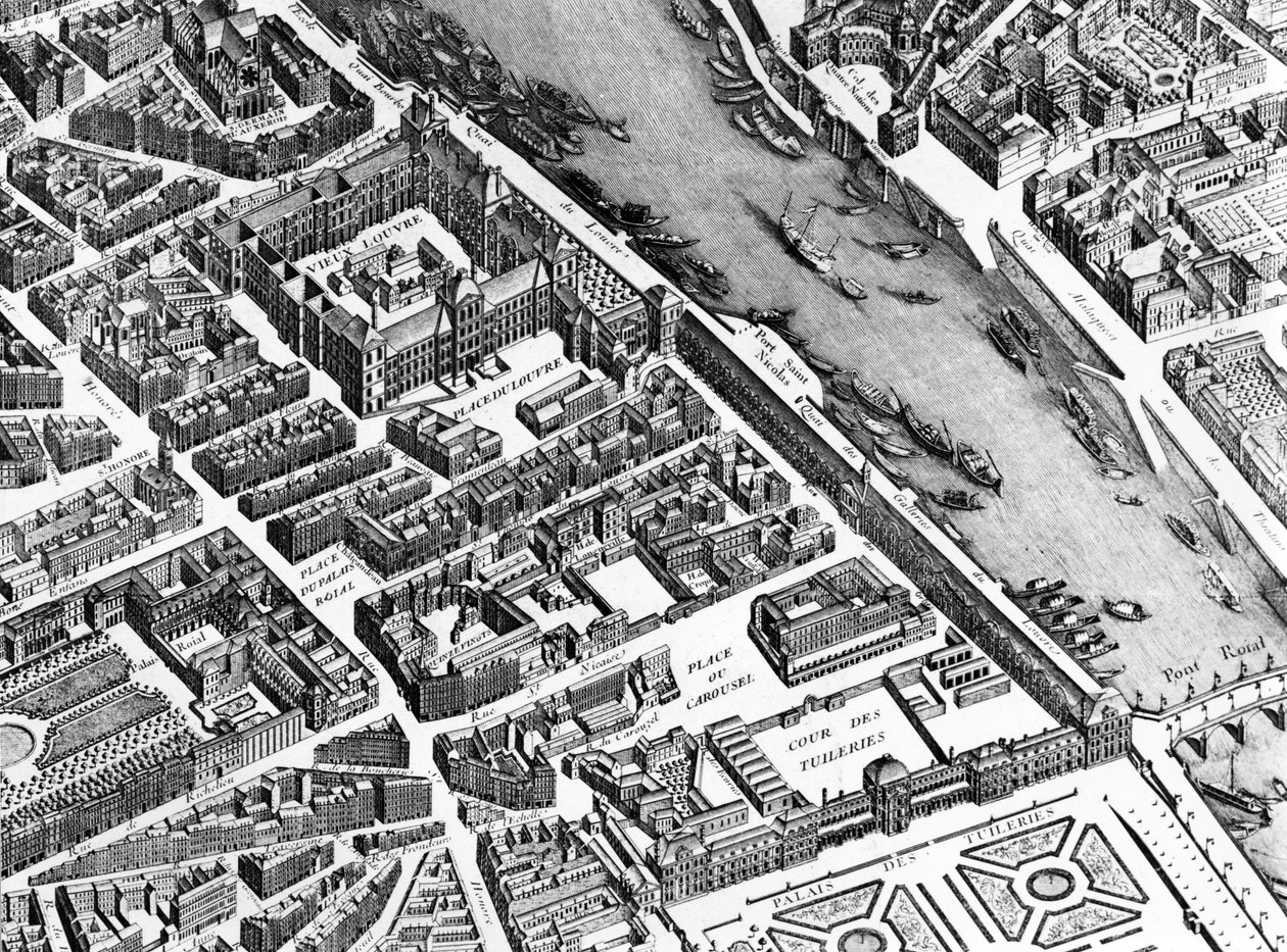 El Viejo Louvre, el Palais Royal y las Tullerías (detalle del Plan de París, conocido como el Plan de Turgot, grabado por Claude Lucas, 1734-39) de Louis Bretez