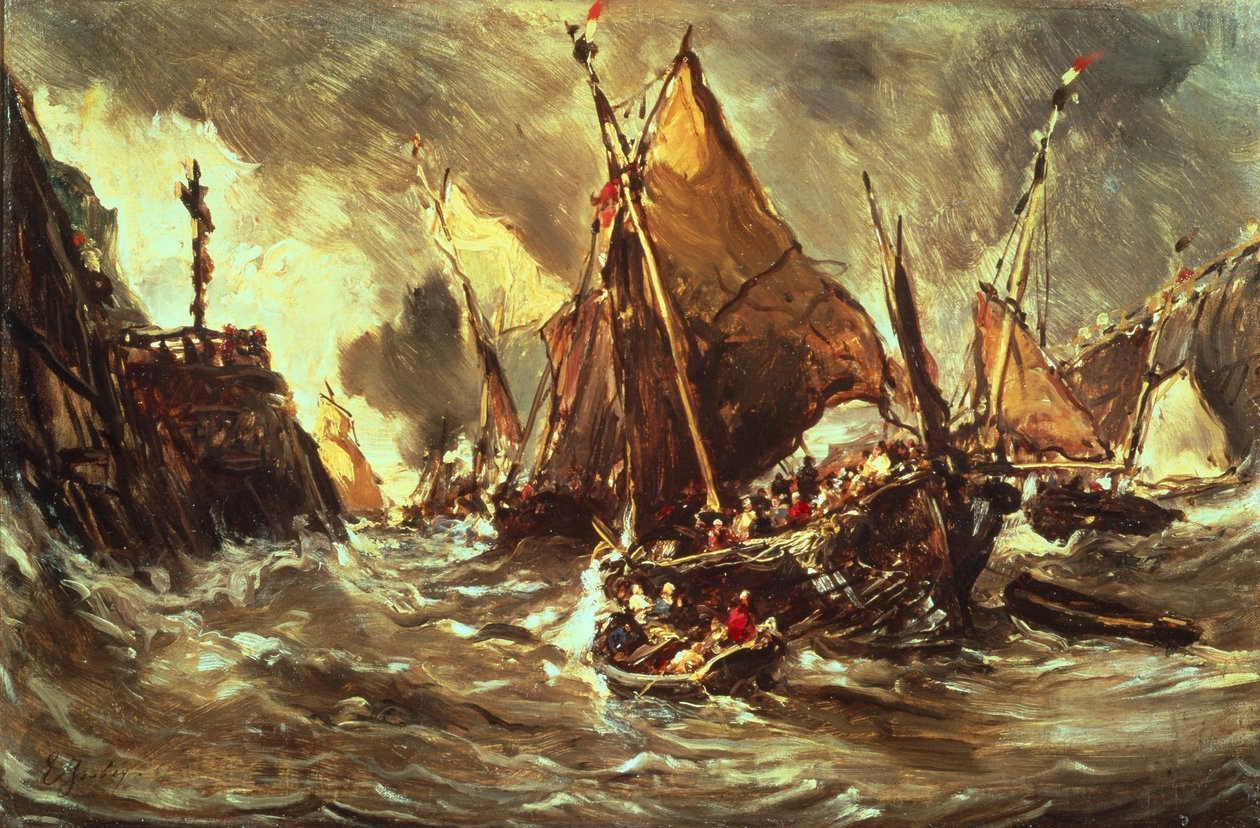 Barcos en una tormenta de Eugene Isabey