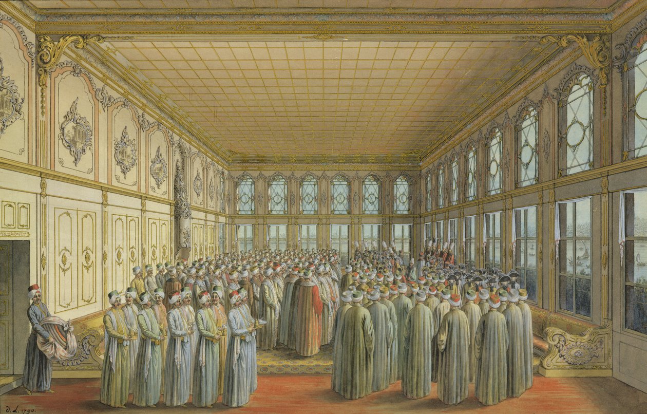 La recepción de un embajador por el Gran Visir en el Palacio de Topkapi, Constantinopla, 1790 de Louis Nicolas de Lespinasse
