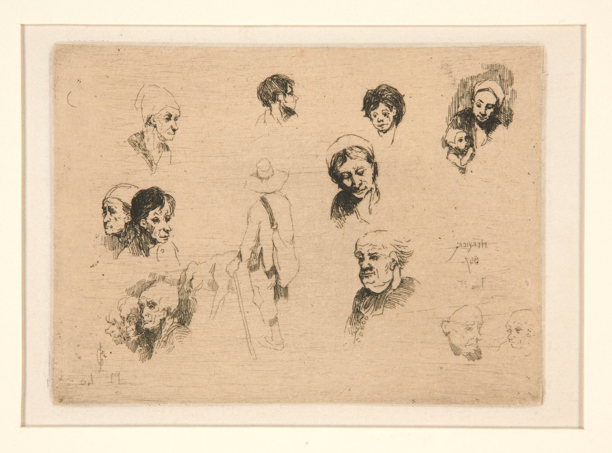 Varios bocetos, cabezas de Louis Adolphe Hervier